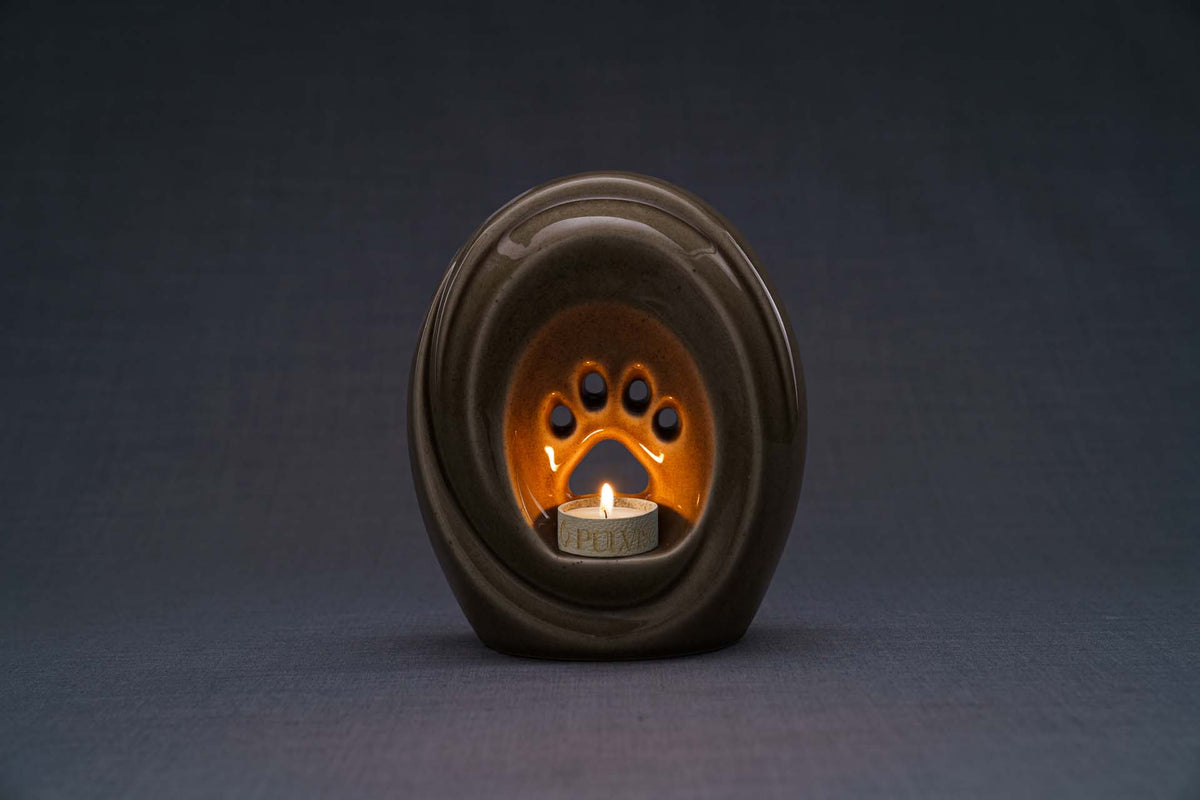 Pfote mit Teelicht - Haustier Urne für Asche - Beige Grau | Keramik | Handgemacht