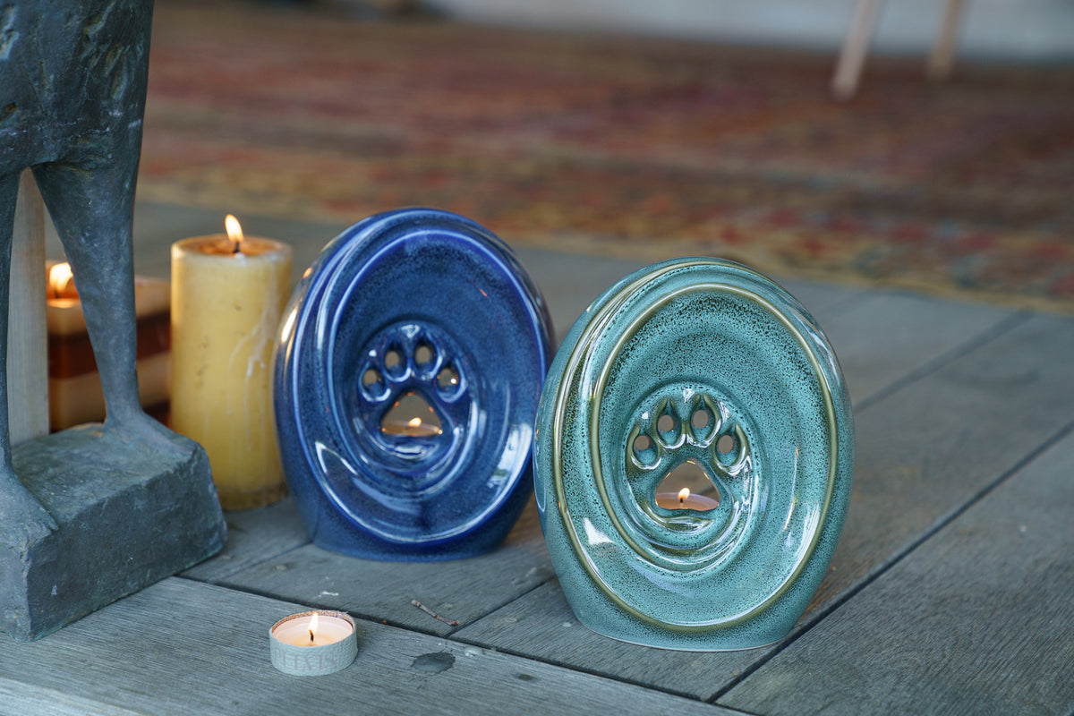 Pfote mit Teelicht - Haustier Urne - Blau Melange | Keramik | Handgemacht