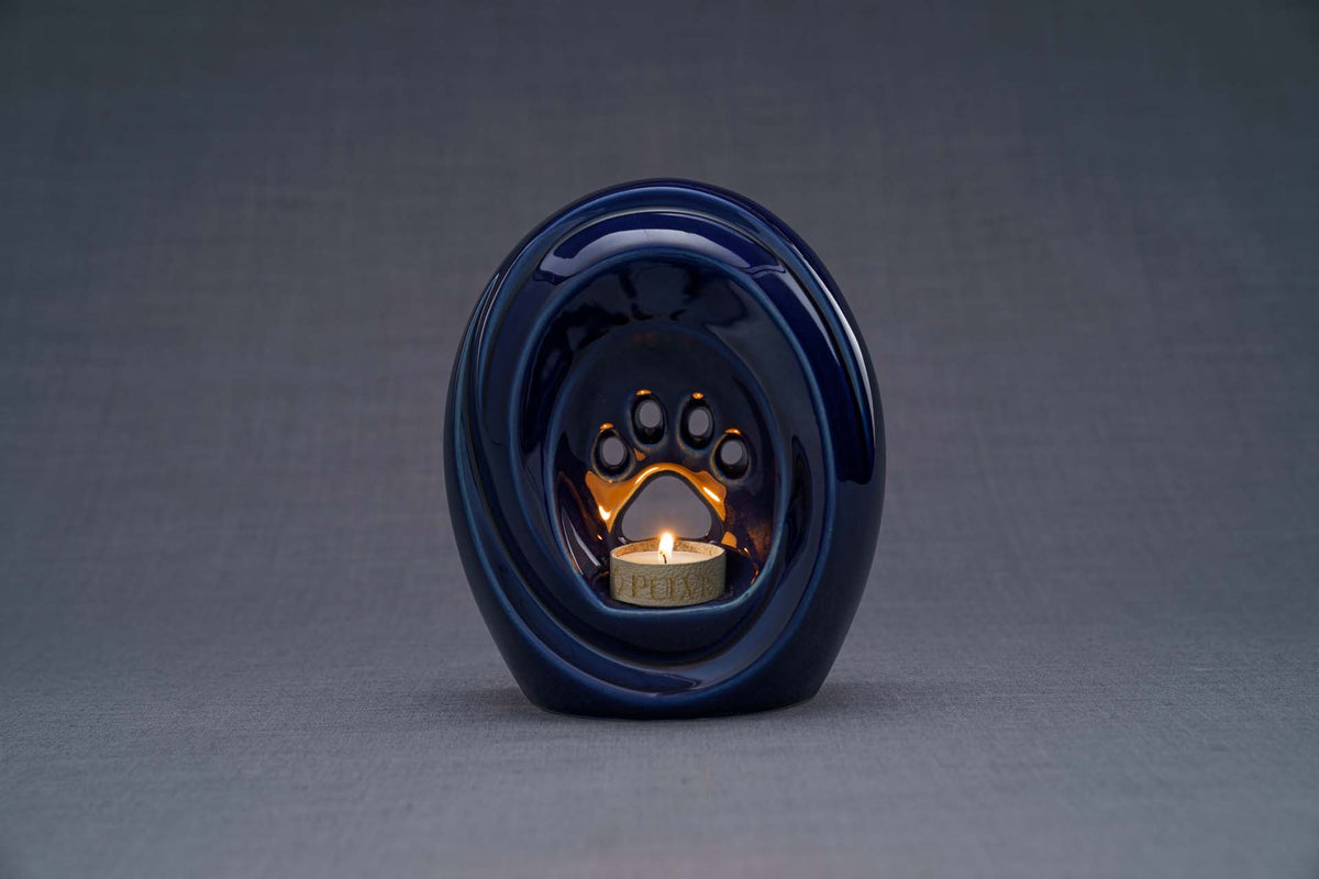 Pfote mit Teelicht - Haustier Urne für Asche - Kobalt Metallic | Keramik | Handgemacht
