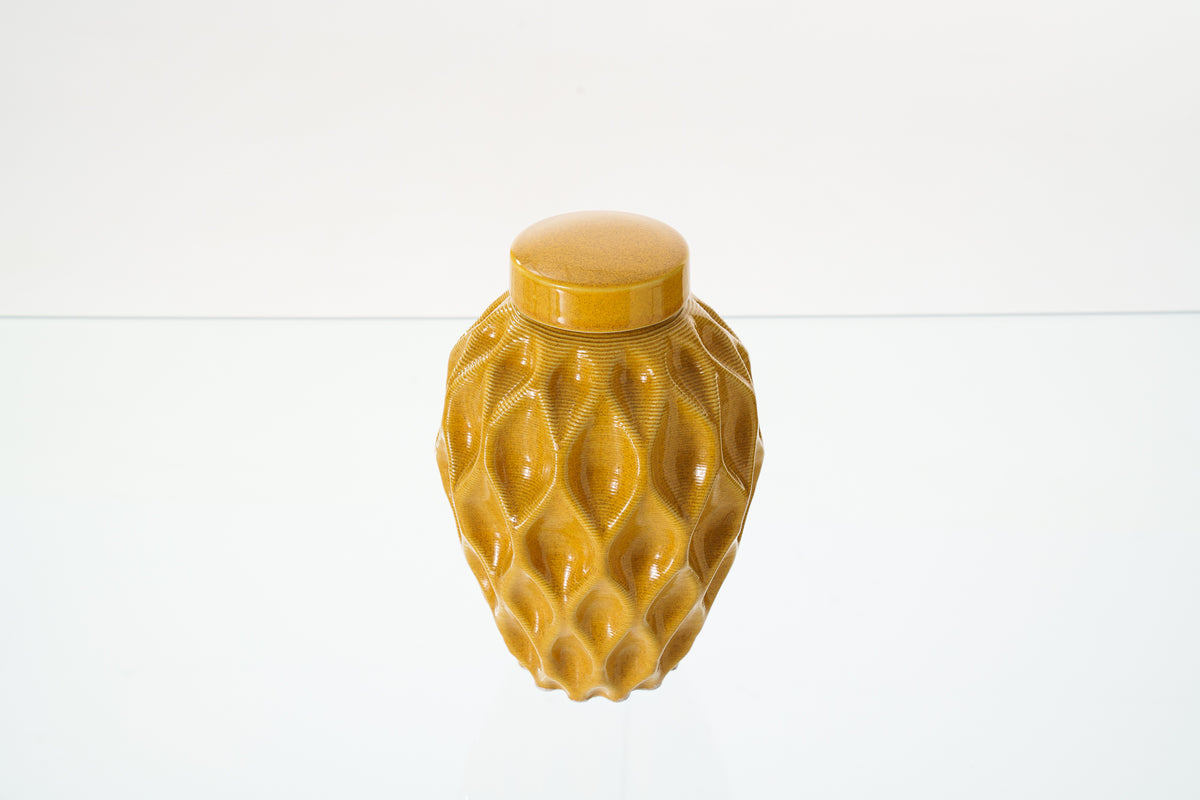 Kleine Tierurne für Asche - Bernsteingelb | 3D-gedruckte Keramikurne | Format Mittel