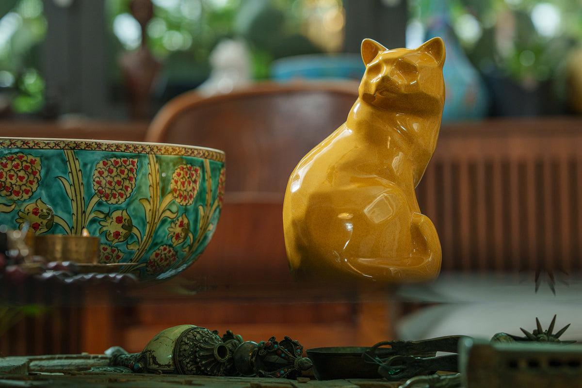 Tierurne Katze "Felix" - Gelb | Keramik Tierurne
