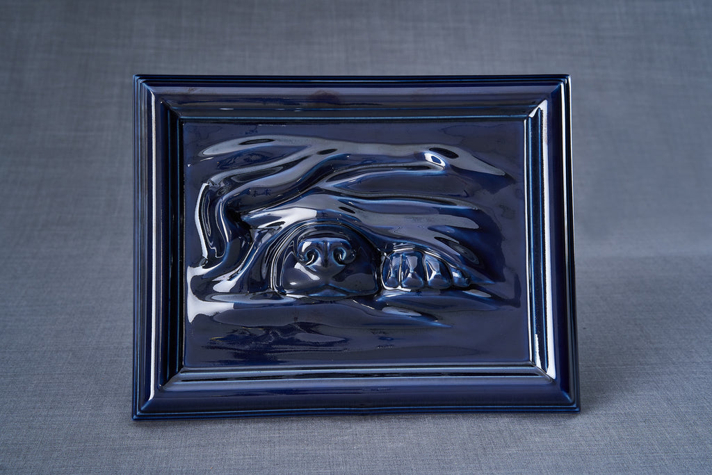 Hundeurne – Porträt – Haustierurne für Asche - Kobalt Metallic | Keramik