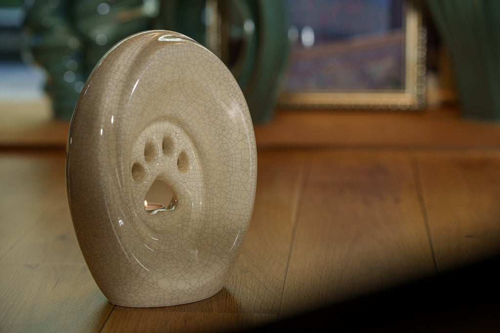 Große Pfote mit Teelicht - Haustier Urne für Asche - Craquelure | Keramik | Handgemacht