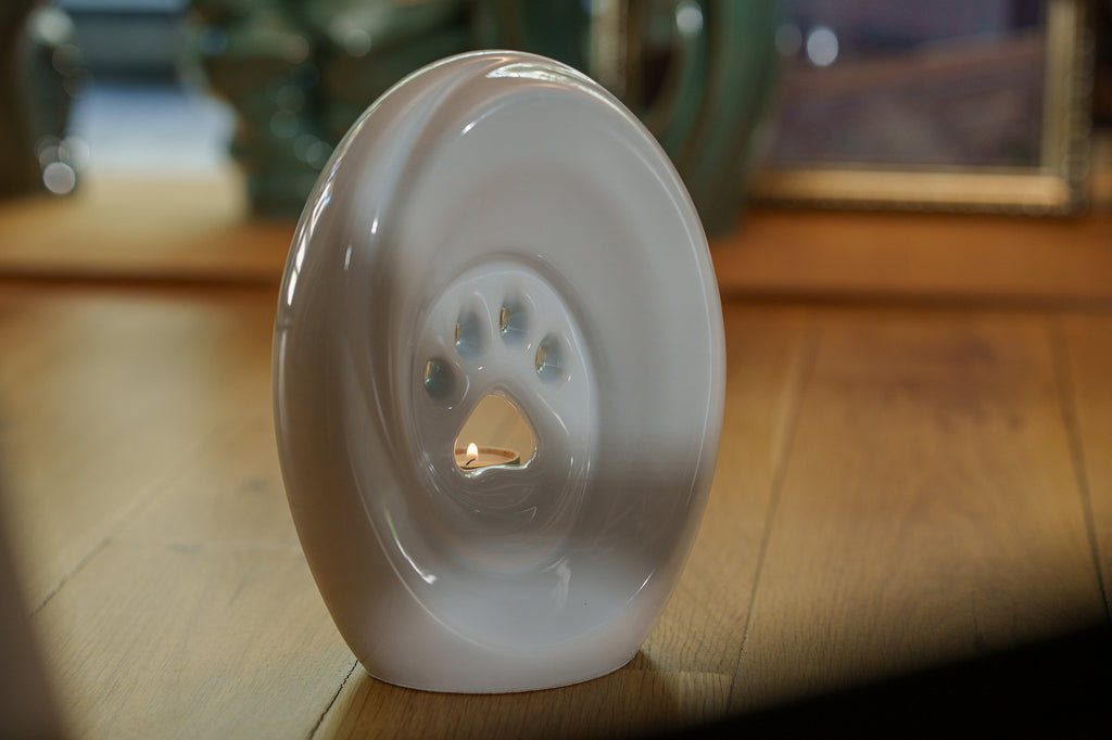 Große Pfote mit Teelicht - Haustier Urne für Asche - Weiß | Keramik | Handgemacht