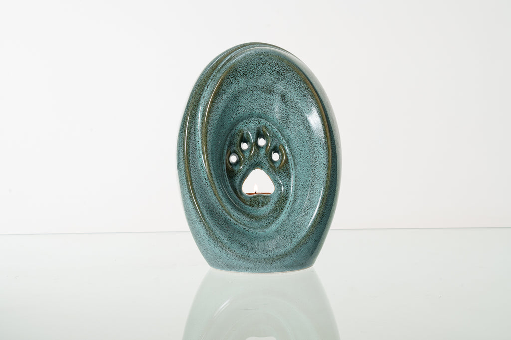 Große Pfote mit Teelicht - Haustier Urne für Asche - Ölige grüne Melange| Keramik | Handgemacht