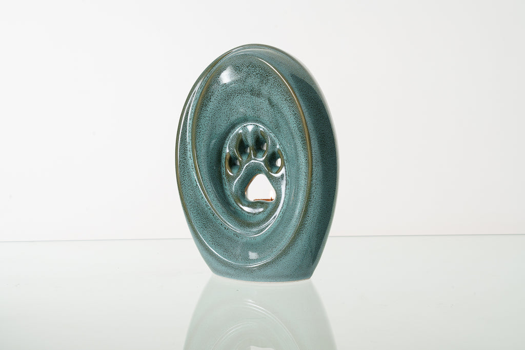 Große Pfote mit Teelicht - Haustier Urne für Asche - Ölige grüne Melange| Keramik | Handgemacht