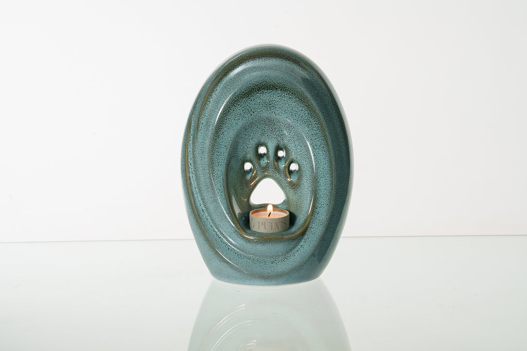 Große Pfote mit Teelicht - Haustier Urne für Asche - Ölige grüne Melange| Keramik | Handgemacht