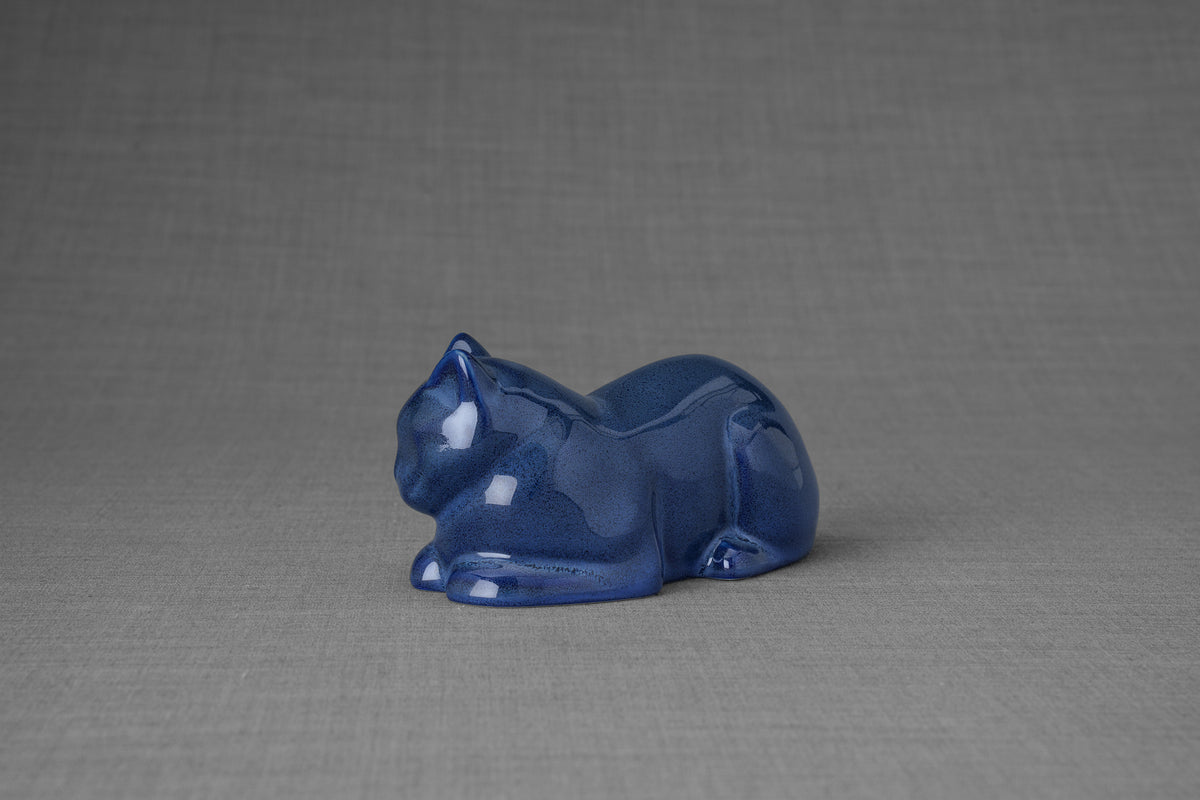 Mini Liegende Katzenurne - Blau Meliert | Keramik | Handgemacht