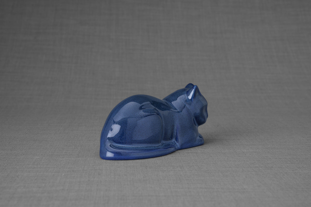 Mini Liegende Katzenurne - Blau Meliert | Keramik | Handgemacht