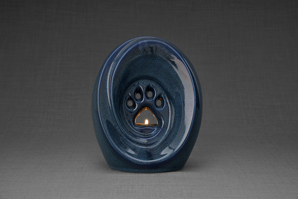 Pfote mit Teelicht - Haustier Urne - Blau Melange | Keramik | Handgemacht