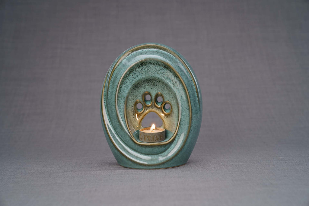 Pfote mit Teelicht - Haustier Urne - Ölig Grün Melange | Keramik | Handgemacht