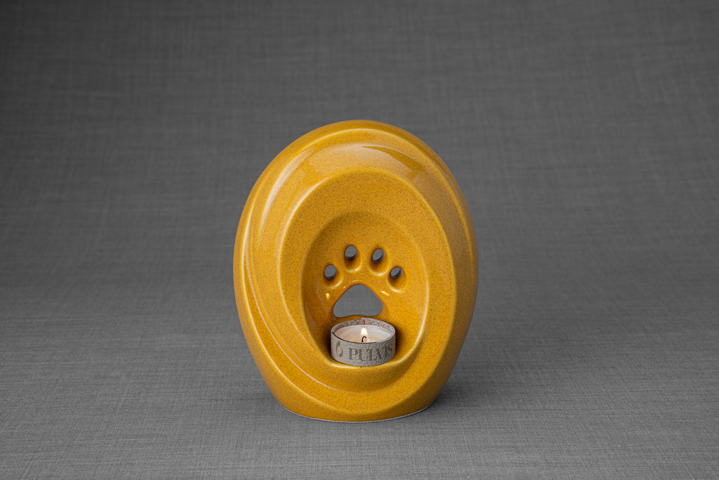 Pfote mit Teelicht - Haustier Urne für Asche - Gelb | Keramik | Handgemacht