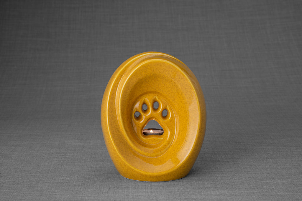 Pfote mit Teelicht - Haustier Urne für Asche - Gelb | Keramik | Handgemacht