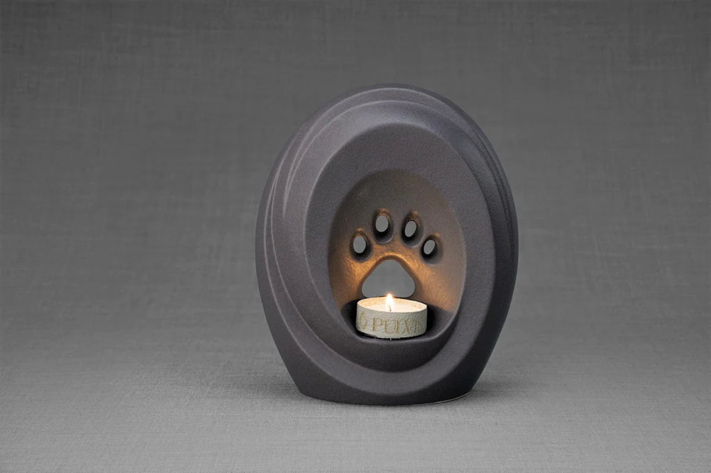 Pfote mit Teelicht - Haustier Urne für Asche - Grau Matt | Keramik | Handgemacht