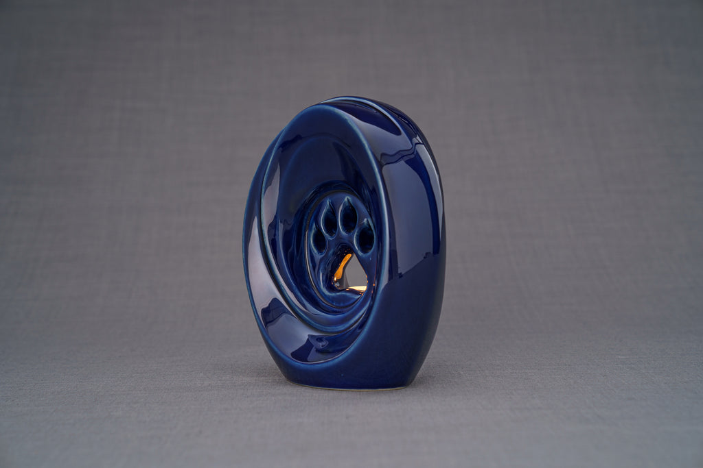 Pfote mit Teelicht - Haustier Urne für Asche - Kobalt Metallic | Keramik | Handgemacht