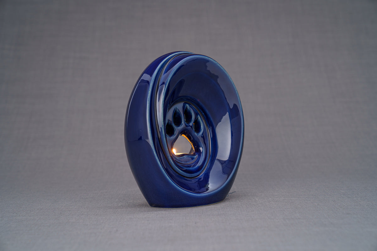 Pfote mit Teelicht - Haustier Urne für Asche - Kobalt Metallic | Keramik | Handgemacht