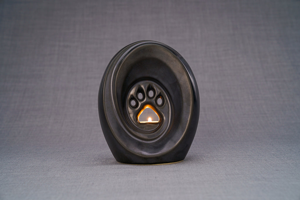 Pfote mit Teelicht - Haustier Urne für Asche - Schwarz Matt | Keramik | Handgemacht