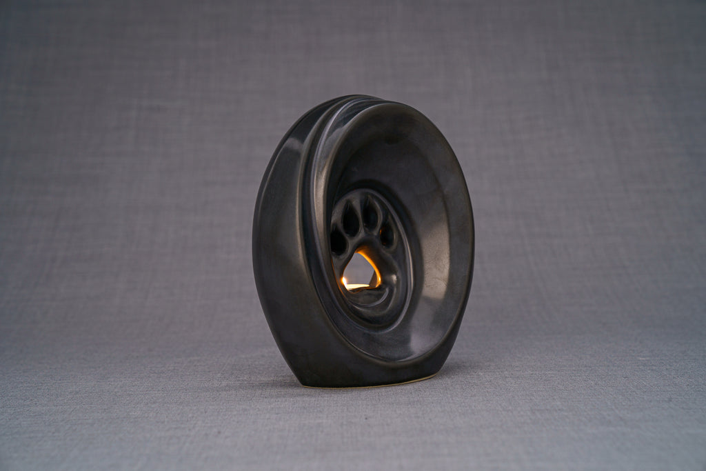 Pfote mit Teelicht - Haustier Urne für Asche - Schwarz Matt | Keramik | Handgemacht