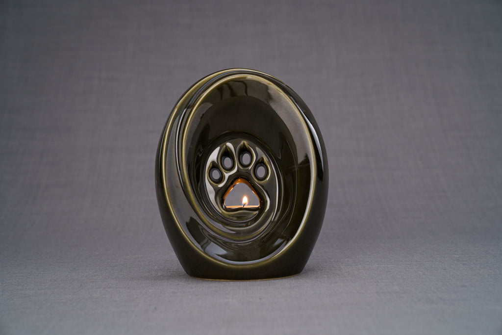 Pfote mit Teelicht - Haustier Urne für Asche -  Ölig Grün | Keramik | Handgemacht